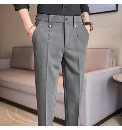 Mens Suit Pants 2026 Spring New British Style Elastic Waist Solid Casual Formal Dress Pants Slim Fit Trousers for Men Clothing