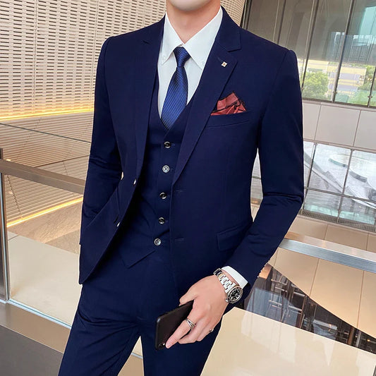 Men's Large Size Three-Piece Suit Set - High-Quality Solid Color Fashion Business Professional Suit with Vest And Trousers