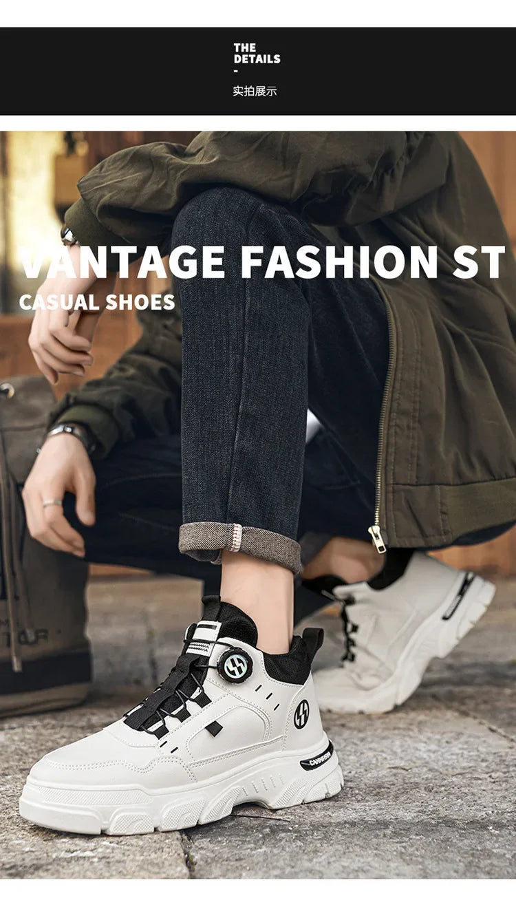 Autumn Men's Sneakers New Breathable Workwear Shoes Trendy Thick Soled Shoes Anti Slip White Casual Skateboard Shoes Ankle Boots
