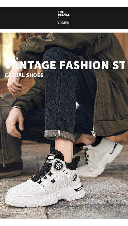 Autumn Men's Sneakers New Breathable Workwear Shoes Trendy Thick Soled Shoes Anti Slip White Casual Skateboard Shoes Ankle Boots