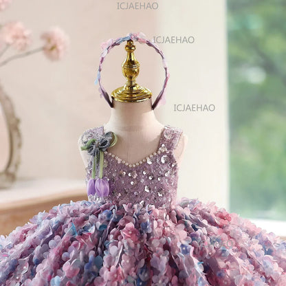 2026 Cute Sweet Purple Children Sleeveless Kids Host Princess Gown Costume Girls Birthday Party Dress Summer New Fashion Floral