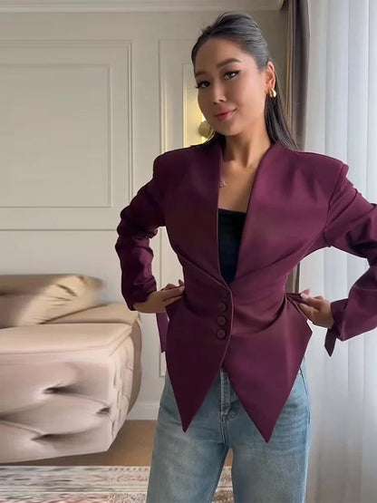 Chic Pleated Waist Cinched Women's Jacket V Neck Single Breasted Lace Up Blazer Coat Lady 2026 Casual Slim Commute Outerwear