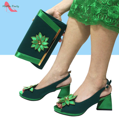 2024 New Arrivals Fashion Italian Design African Shoes and Bag to Match Comfortable Square Heels for Party in Fuchsia Color