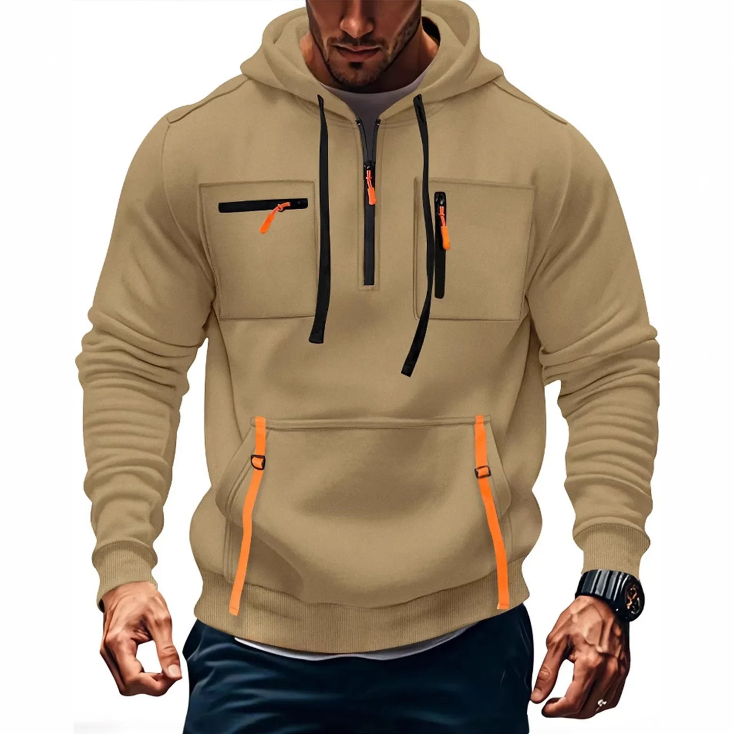 Men's Casual Sports Hoodie 2025 New Fashion Pocket Zipper Hooded Sweatshirt Solid Color Loose Coat Outdoor Running Streetwear