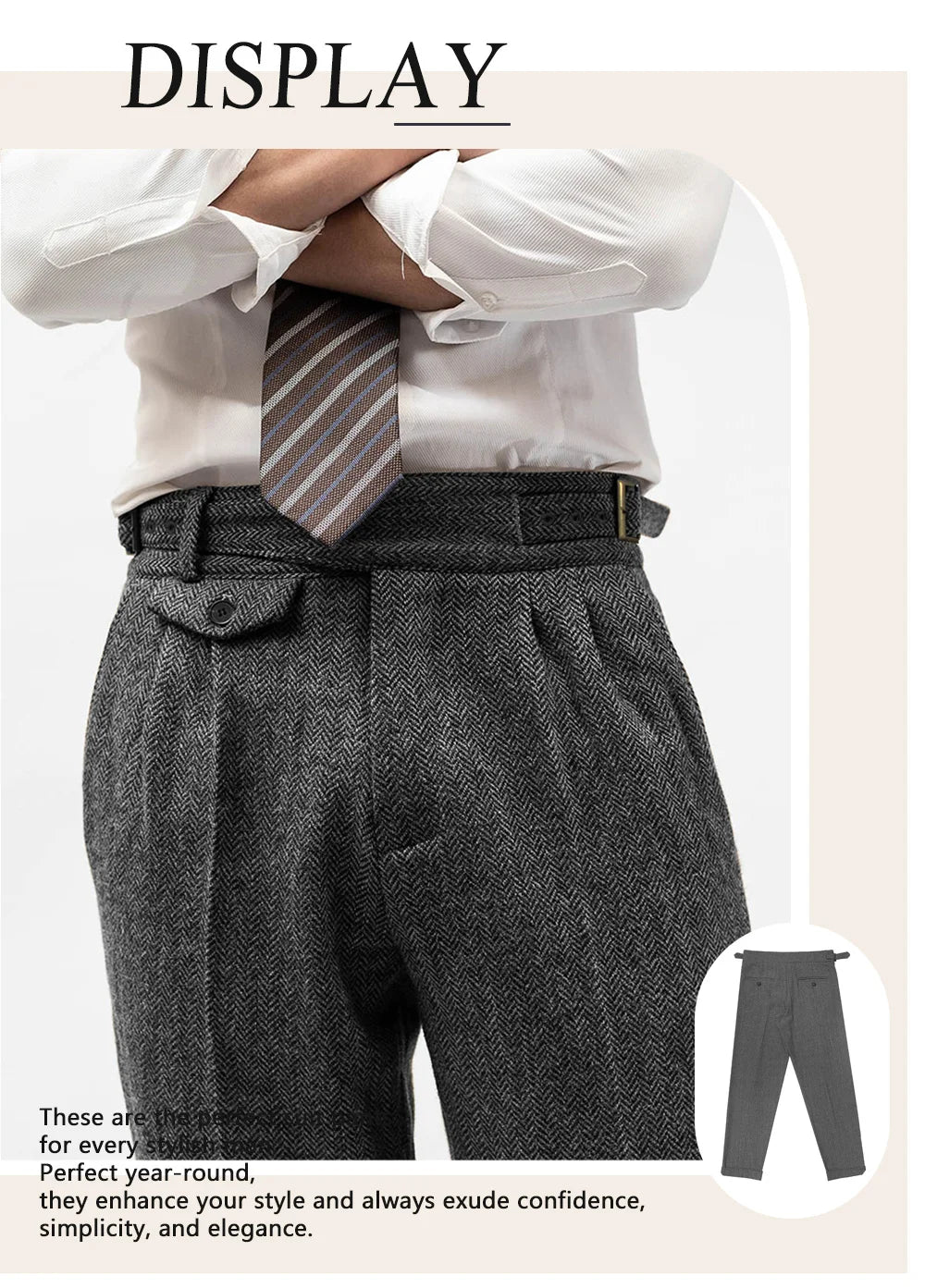 Men's Elegant Tailored Pants High Waist Trousers Autumn Winter New Style Italian Neapolitan Light Business Casual Folded Design