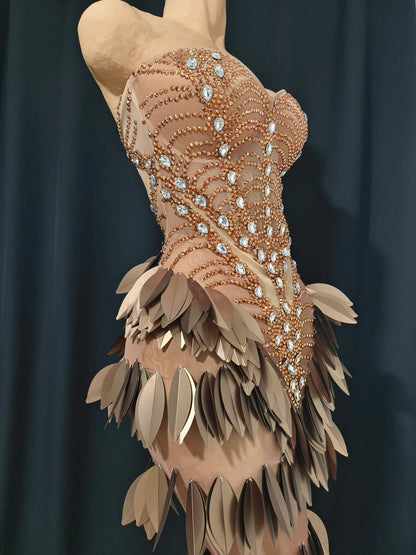 Sexy Sparkly Diamonds Leaf Strapless Mesh See Through Long Dress Birthday Evening Celebrate Party Nightclub Bar Show Stage Wear