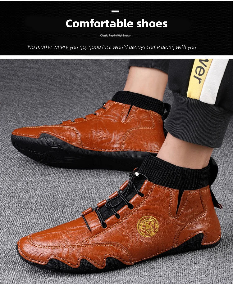 Men's Wear-resistant Boots Casual Classic Genuine Leather Handmade Shoes Ankle Round Toe Lace Up Walking Business Boot