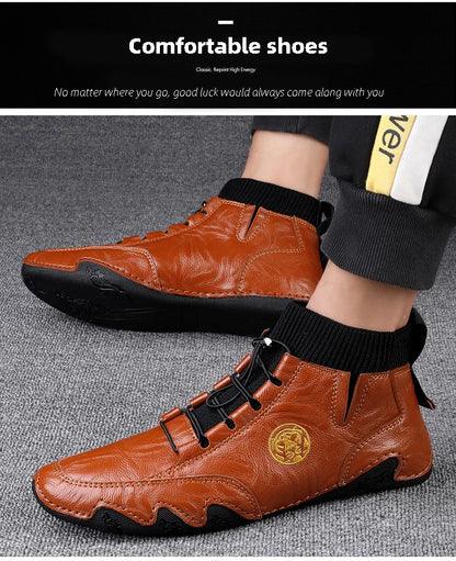 Men's Wear-resistant Boots Casual Classic Genuine Leather Handmade Shoes Ankle Round Toe Lace Up Walking Business Boot