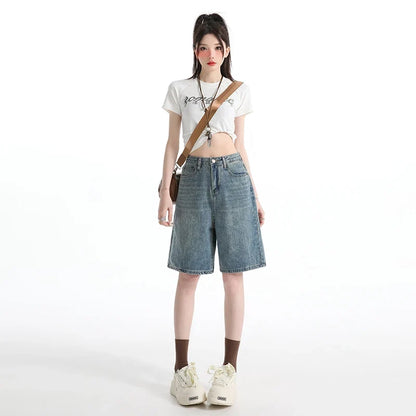 Women's High Waist Wide Leg  Y2K American Retro Washed Five-Point Denim Shorts Summer Loose Slim Straight Cut Mid-Length Pants