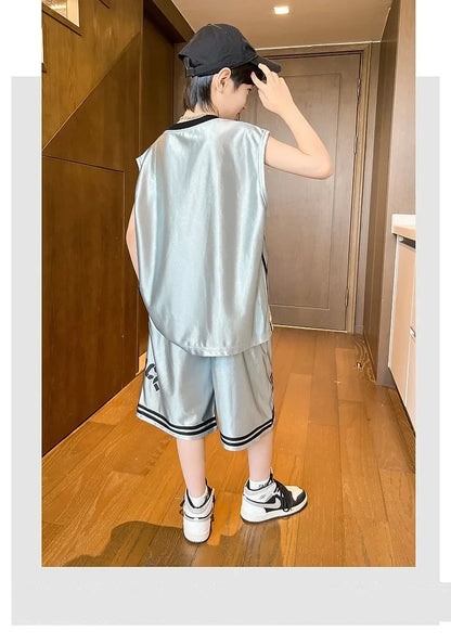 Summer Boys Quick-dry Glossy Alphabet T-Shirt Top+Shorts Sportswear Set School Kids 2PCS Tracksuit Children Jersey Outfit 5-16Yr