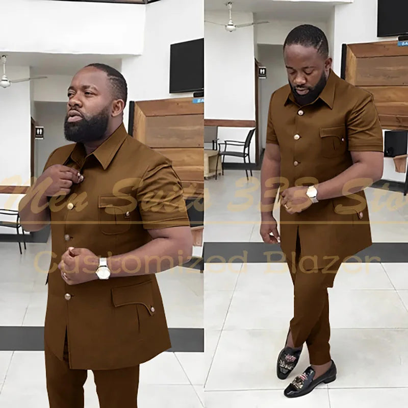 Summer Men's Suits Solid Color Short Sleeve Single Breasted Stand Lapel Casual Outfits 2 Piece Jacket Pants Set Slim Fit Terno