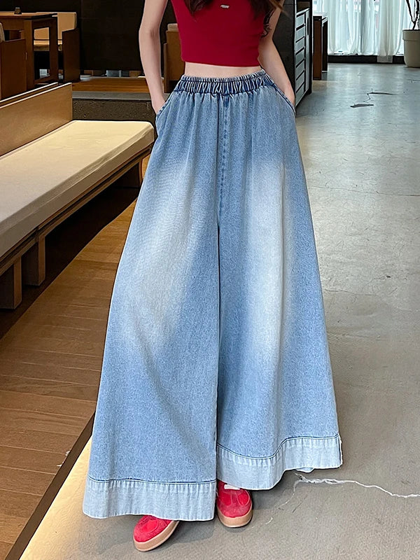 Casual High Waist Wide Leg Jeans Women's Loose Fit Summer Faion plus Size American Sle Cuffed Casual Denim Skirt Pants