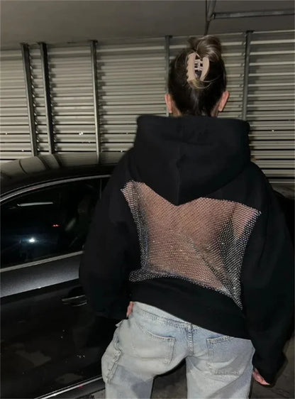 Women's Fashion Translucent Pullover Sweatshirt American Gothic Sexy Hollow Mesh Hoodie Y2K Clothes Casual Long Sleeves Jacket