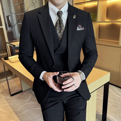 Luxury Stripe Men Suit Korean Version Fashion Elegant Slim Fit Tuxedo Formal Groom Wedding Social Suits