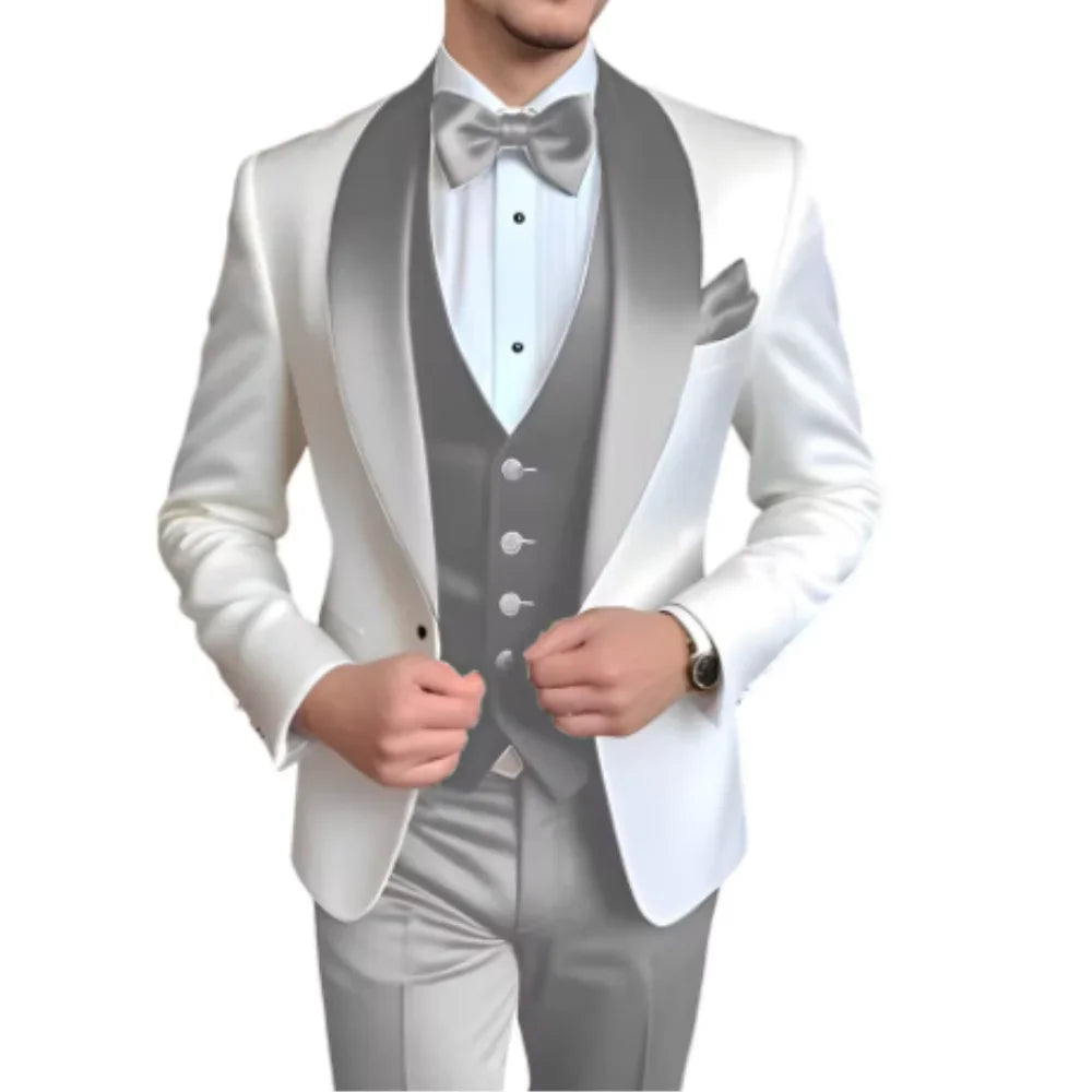 Customized Men's 3 Piece Tuxedo With Scarf Lapel Smoking Suit Wedding Groomsmen Formal Party Blazer Terno Masculino