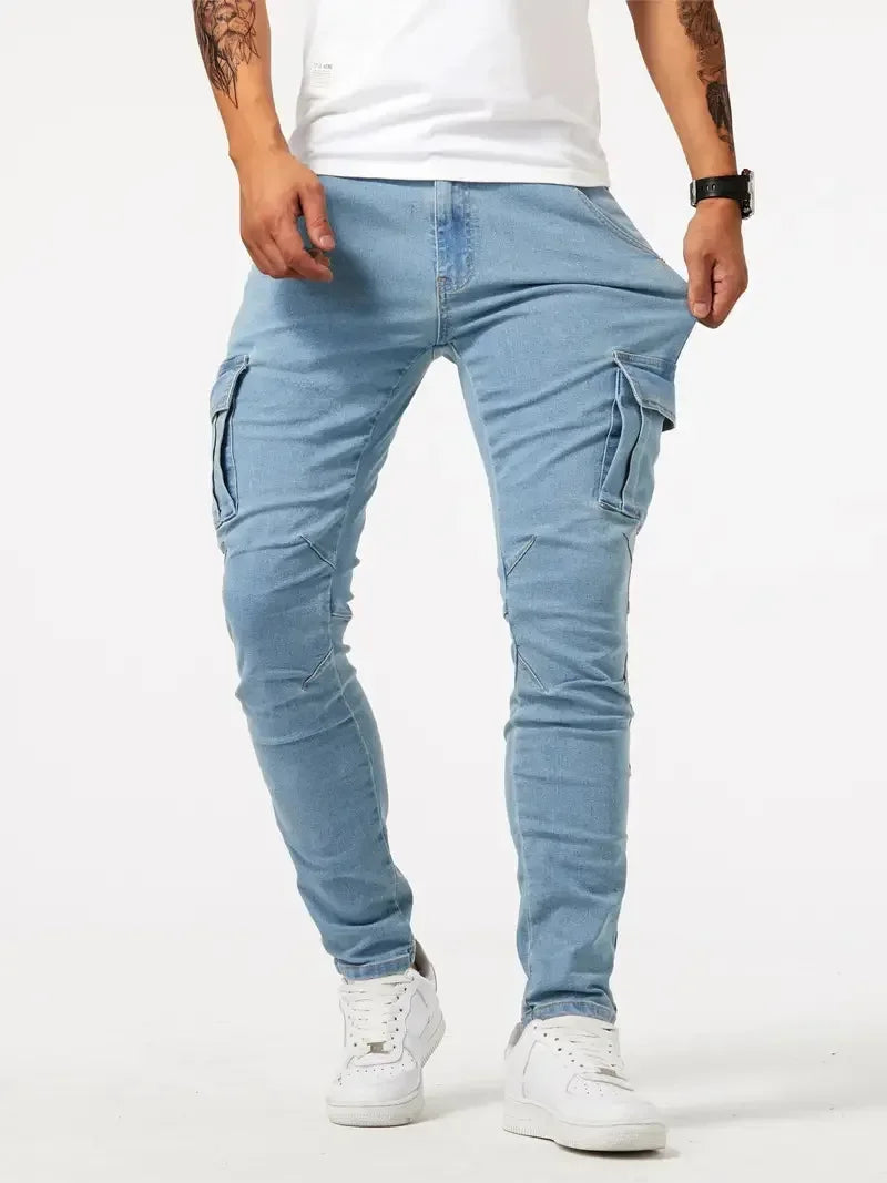 Street Elastic Jeans Men Denim Cargo Pants Wash Solid Color Multi Pockets Casual Mid Waist Trousers Slim Fit Daily Wear Joggers