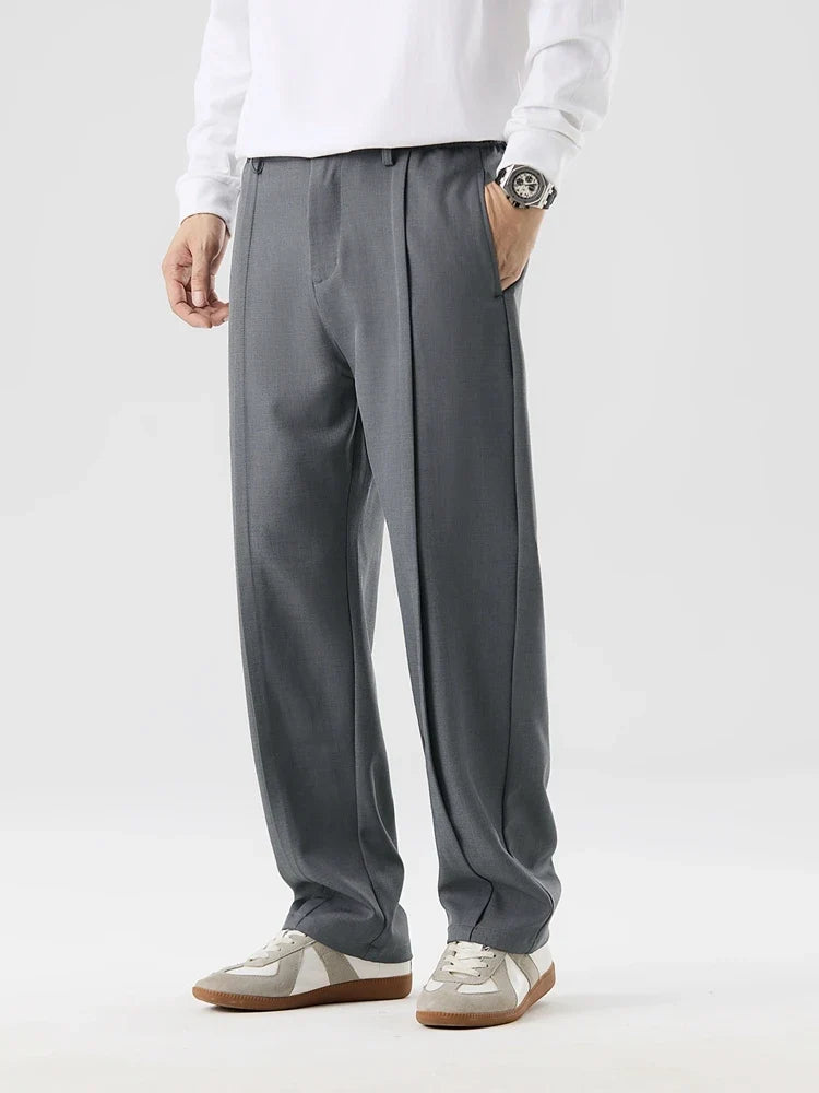 2023 New Autumn Casual Pants Men Korean Fashion Banded Waist Stretch Wide Leg Pleated Suit Slacks Straight Loose Drape Trousers