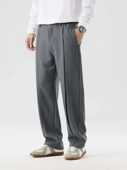 2023 New Autumn Casual Pants Men Korean Fashion Banded Waist Stretch Wide Leg Pleated Suit Slacks Straight Loose Drape Trousers