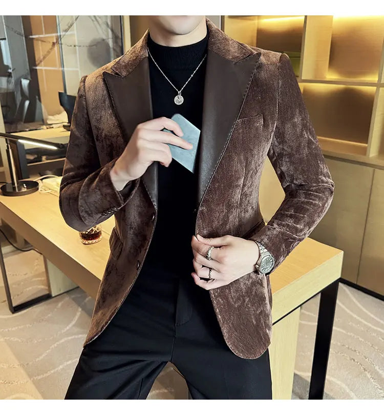 Splicing Leather Neck Fashion Suit Jacket Luxury Men's Business Slim Fit Social Formal Blazers Coats Wedding Groom Tuxedos 5XL-M