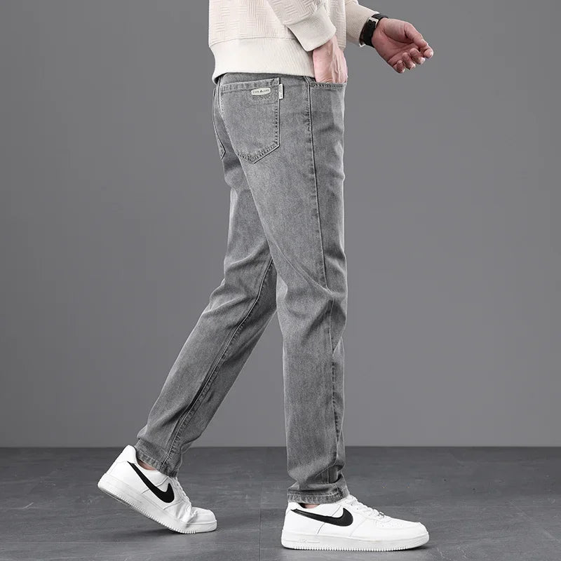 Classic Men Vintage Cloth High Waist Trousers 2024 Autumn Loose Straight Stretch Wash Jeans High Quality Sky Blue Brand Pants