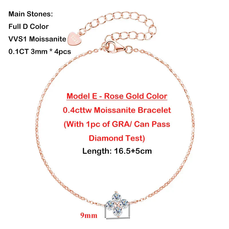 4-Leaf Clover GRA Certified 0.9cttw D Color Moissanite Diamond Bracelet for Woman 925 Silver Link Bracelets Fine Jewelry