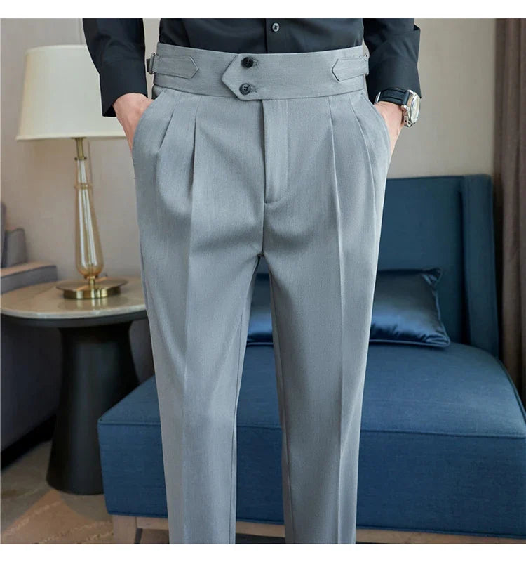 British Style Autumn New High Waist Trousers Men Belt Design Slim Fit Suit Pants Office Social Wedding Party Formal Pants Hommes