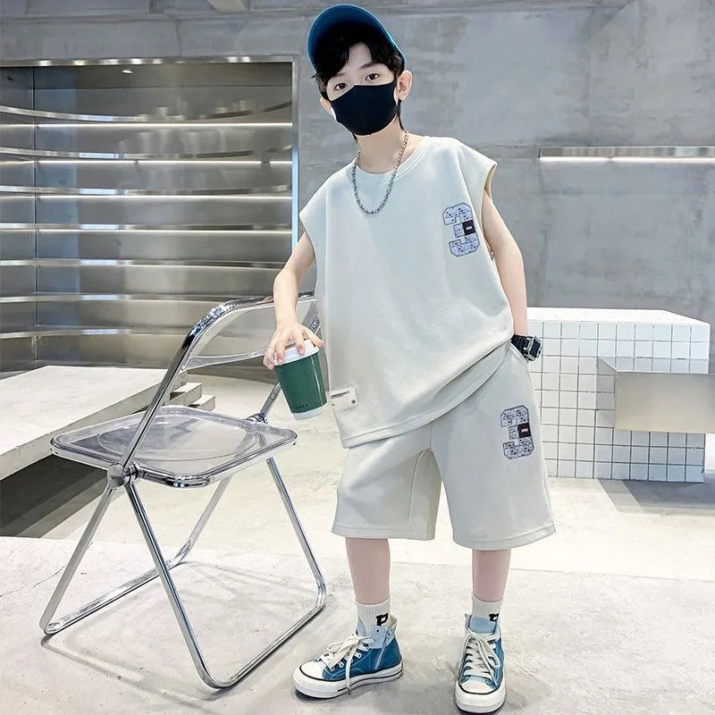 Summer Boys Loose Sleeveless Printed T-Shirt Tops+Shorts Pant School Kids 2PCS Tracksuit Child Outfit Student Workout Set 5-16Yr