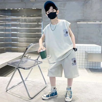 Summer Boys Loose Sleeveless Printed T-Shirt Tops+Shorts Pant School Kids 2PCS Tracksuit Child Outfit Student Workout Set 5-16Yr