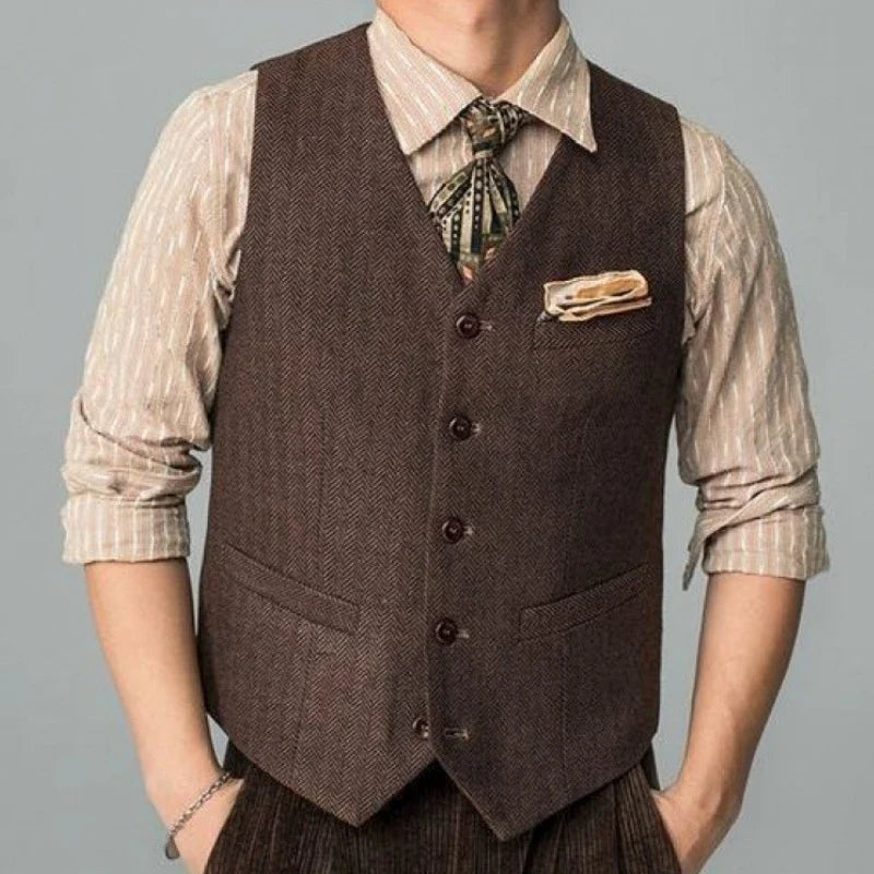 Men Suit Coffee Herringbone Single Button Business Casual Waistcoat For Wedding Birthday Banquet Work Set Men Suit Vest
