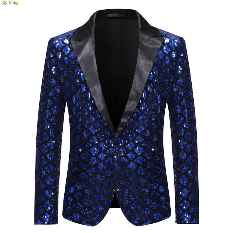 2026 Gold Men's Black Collar Suit Jacket, Glitter Sequin Decoration Wedding Party Dress Coat Black Silver Fashion Blazers.