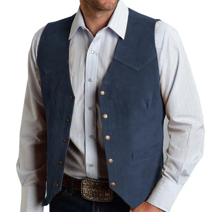 Men Vest Gold Suede Leather Gentleman Business Waistcoat Vintage Western Cowboy Regular Slim Business Banquet Men Suit Vest