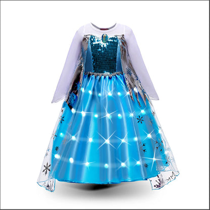Elsa Princess Dresses +LED Light Girls Mesh Sequin Dress Kids Cosplay Frozen Snow Queen Costumes Halloween Party Gowns