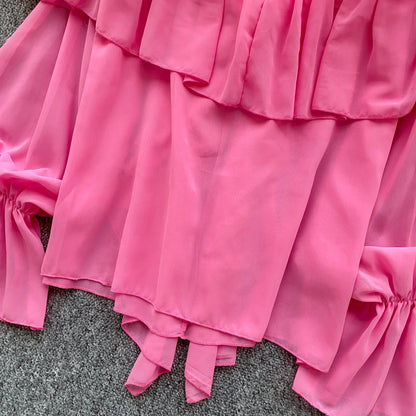 Chic Ruffles Splice Chiffon Blouse V Neck Flared Sleeve Loose Tops 2025 Fashion Solid Fairycore Vacation Women Shirt