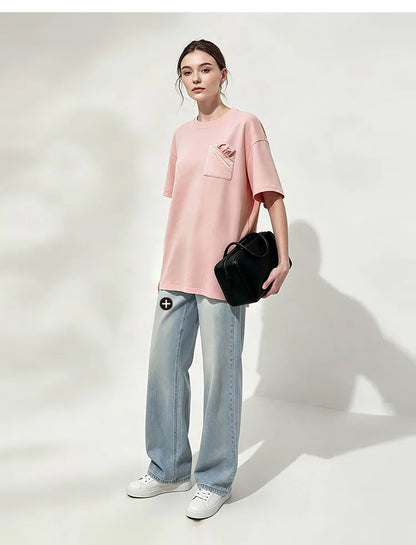 Women's T-Shirt 2026 Summer New Oversized Cotton Short Sleeve Tops Side Slit Mid Length Patch Pocket Tee Shirt 12642037