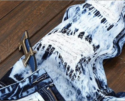 Men's Embroidered Patchwork Ripped Jeans (without Belt) Slim Fashion High Street Motorcycle Denim Pants Male Designer Clothes