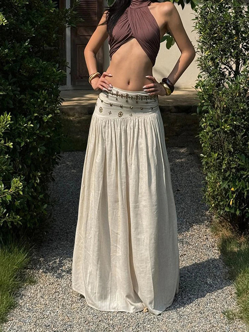 Vintage Beading Midi Skirt Women Vacation Beach Low Waist Skirts Summer Ladies Streetwear Korean Casual Design A Line Faldas New