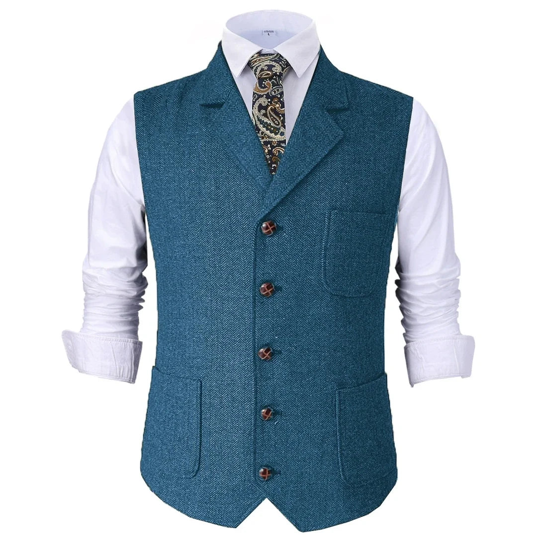 Men Vest Brown Herringbone With Lapel Waistcoat For Wedding Groom Banquet Business Casual Work Men Suit Vest