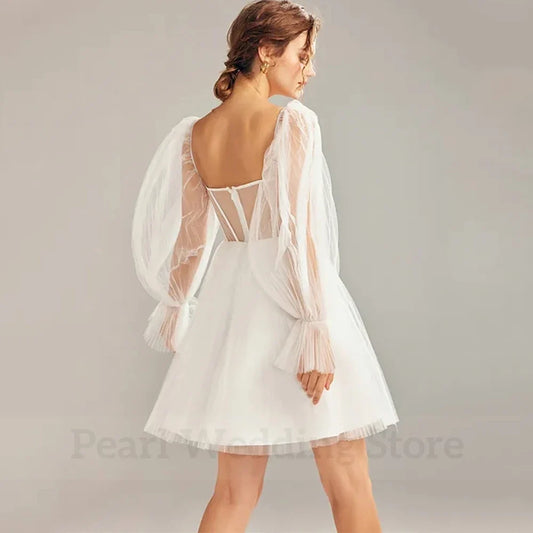 Short Wedding Dress Square Collar Lantern Long Sleeve Lace Applique Tulle Sexy Backless A-Line Bridal Civil Mini Customized Gown