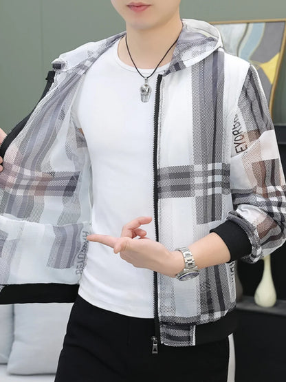 Men's Summer Mesh Sun Protection Clothing Trendy Stripe Print Ice Silk Cool Feeling Breathable Quick Dry Hooded Jacket