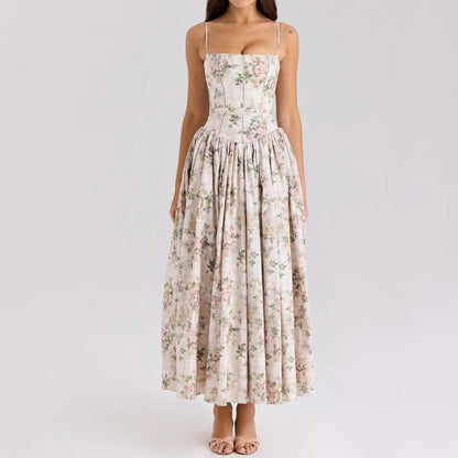 Summer Floral Print Dress Elegant 2025 New Arrivals Spaghetti Strap Flare Dress Maxi Holiday Party Dresses Women