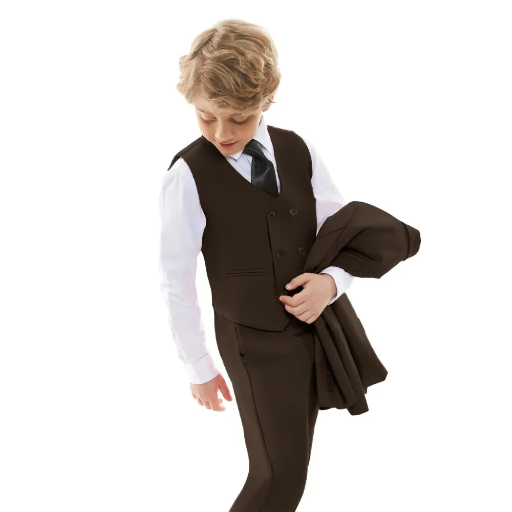 Classic Brown Flower Boy Blue Wedding Outfit Set Kids' Formal Piano Host Piano Performance Blazer Suit Baby's Birthday Ceremony