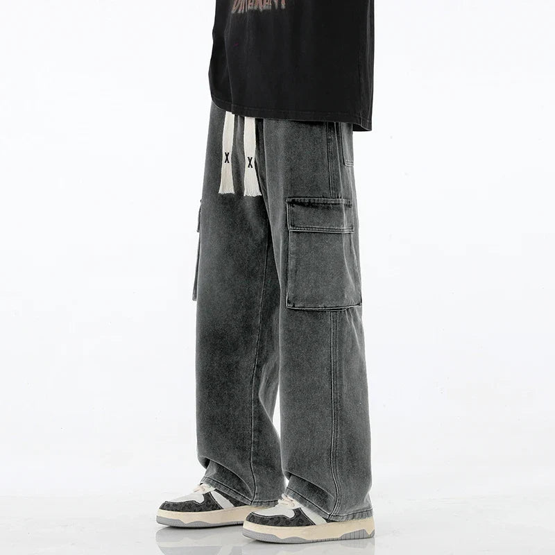 2024 New Men Baggy Cargo Jeans Fashion Streetwear Vintage Wide Leg Pants American Streetwear Y2K Big Pocket Youth Overalls