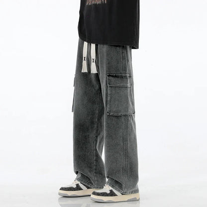 2024 New Men Baggy Cargo Jeans Fashion Streetwear Vintage Wide Leg Pants American Streetwear Y2K Big Pocket Youth Overalls