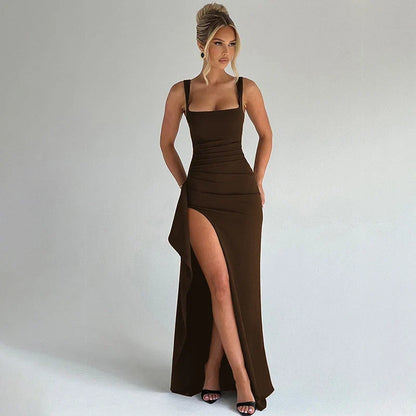 Women Elegant Solid Straps Slit Ruched Patchwork Sexy Bodycon Maxi Dress Summer Outfits Evening Party Birthday Festival