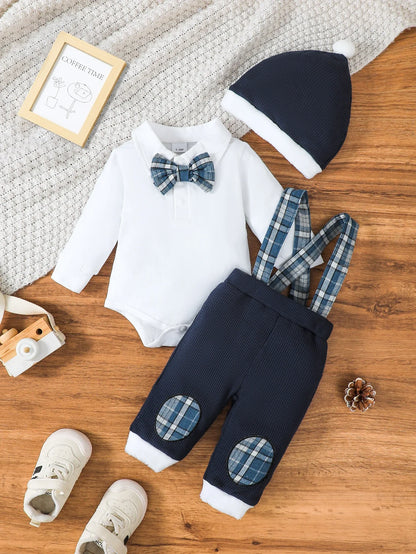 3PCS, Baby Christmas Set: Bow tie jumpsuit+checkered vest pants+Christmas hat, Christmas gift, comfortable and warm.