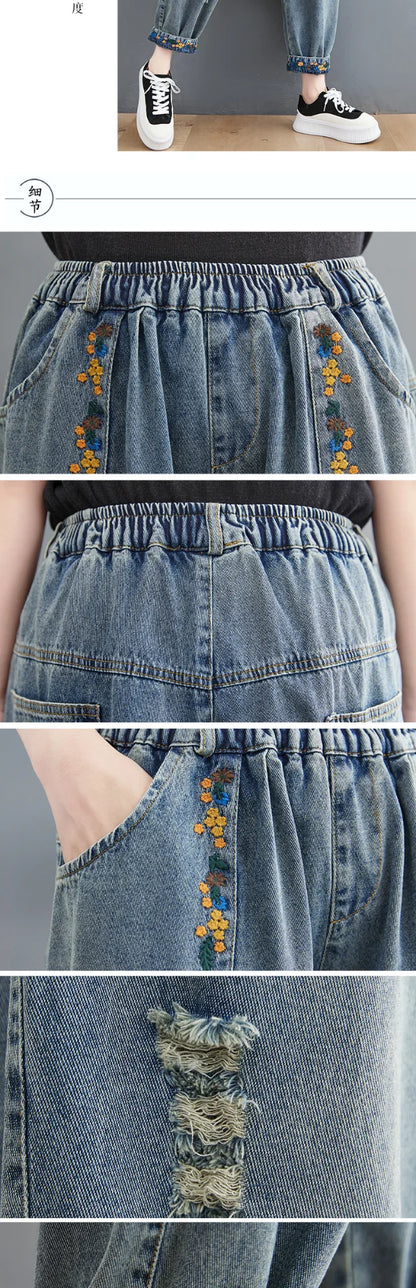 Summer New Sle Artistic Retro Embroidered Hole Denim Jeans Women's Slimming Versatile Elastic Waist Loose Harlan Dad Pants
