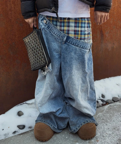 Y2k Slanted Runway Baggy Jeans Retro Plaid Patchwork Men Women Wide Leg Pants American Hip Hop Streetwear Unisex Casual Jeans