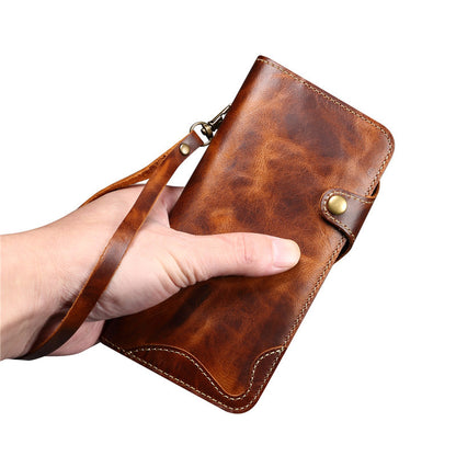 Genuine Leather Wallet Phone Case for iPhone 14 15 Plus 12 13 Pro Max 11 XS XR 6S 7 8 SE Holder Cover With Hand Strap