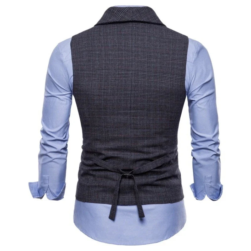 New Men's Checkered Vest, Male Casual Business Suit Vest, Plus Size British-Style  Four Seasons Double Breasted Slim Fit Vest