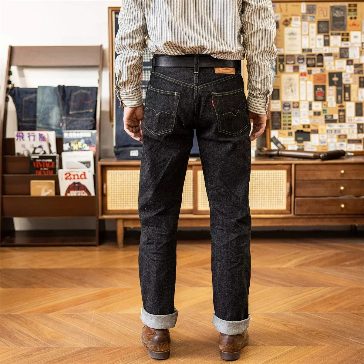 Black Jeans Straight Fit 14.5oz Selvedge Denim Pants Rinsed